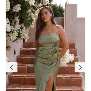 BRAND NEW. Never worn. Olive green billy j satin dress “Julia” size 12.